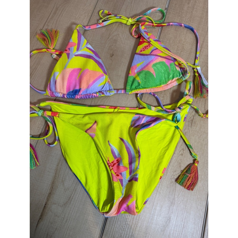 BECCA Bikini Set Womens Medium Neon Yellow Tropical Tassel Triangle